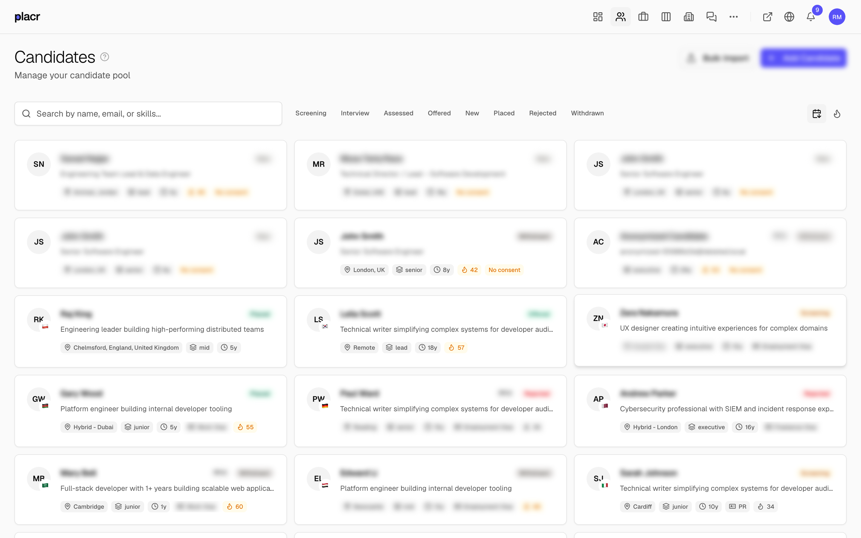 Placr candidate portal showing mobile-first CV upload and application tracking
